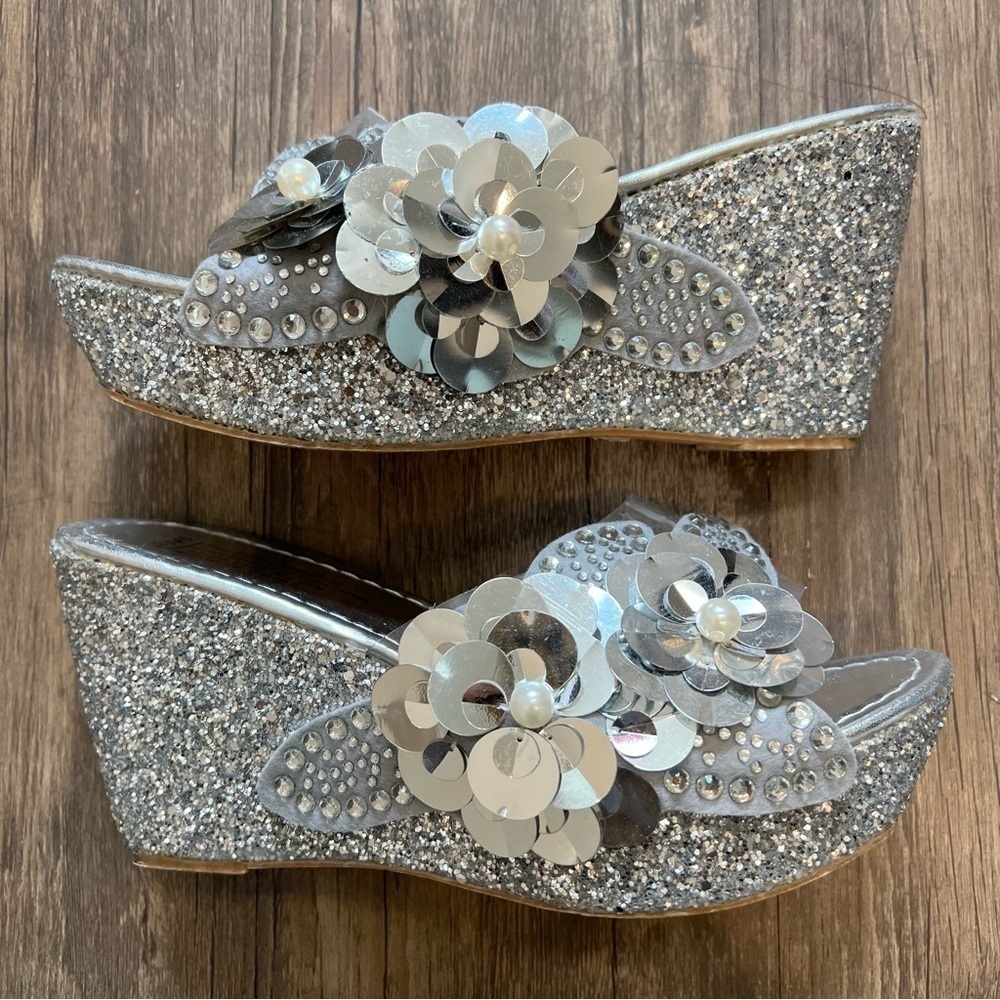 SMBF Silver Glitter Floral Slip On Wedges Platform Sandals Shoes Sparkly Y2K 8 - Picture 4 of 12